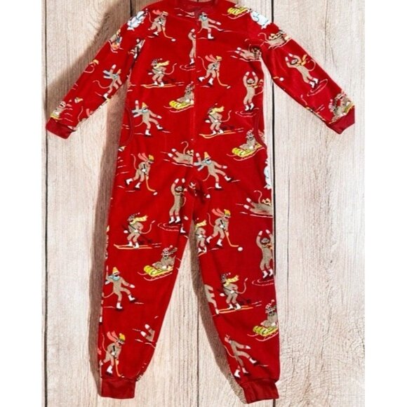 Nick & Nora Sock Monkey One Piece Footed Pajamas Red Skiing Ice Skating Adult S - Picture 1 of 9